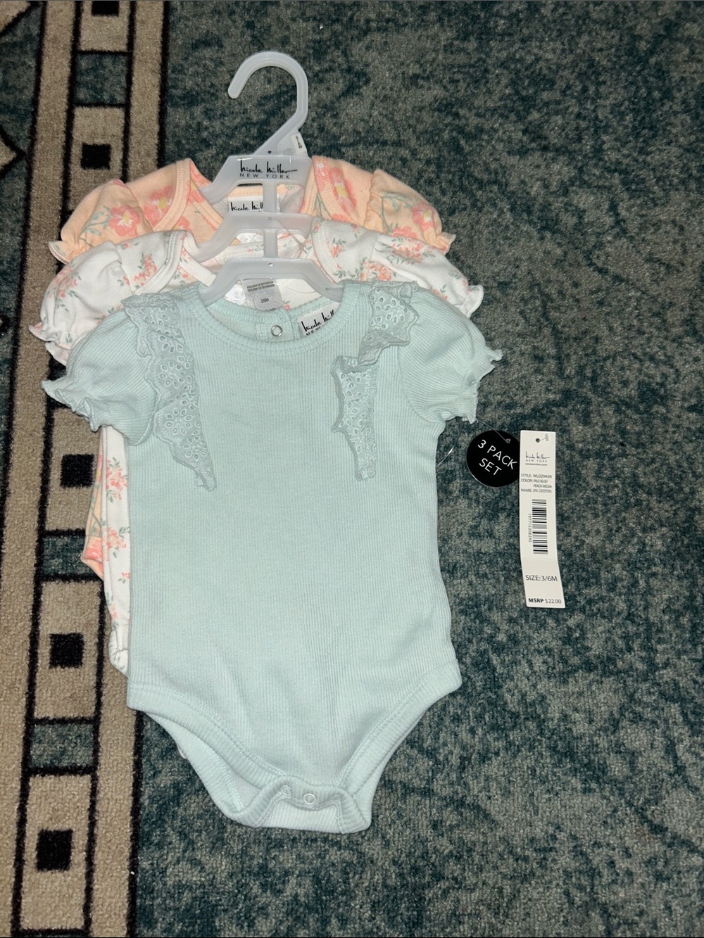 Nicole Miller Pastel Blue, Peach & White 3-Pack Baby Bodysuits with Lace Trim